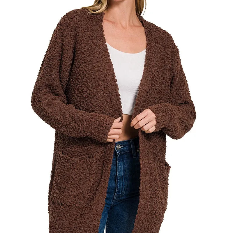 ZENANA Long Sleeve Popcorn Sweater Cardigan with Pockets on Simply Obsessed