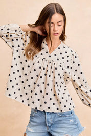 BIBI Polka Dot Corduroy Quarter Sleeves V Neck Blouse on Simply Obsessed