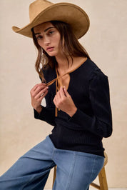 BiBi Ribbed Contrast Front Tied Top with Shrried on Simply Obsessed