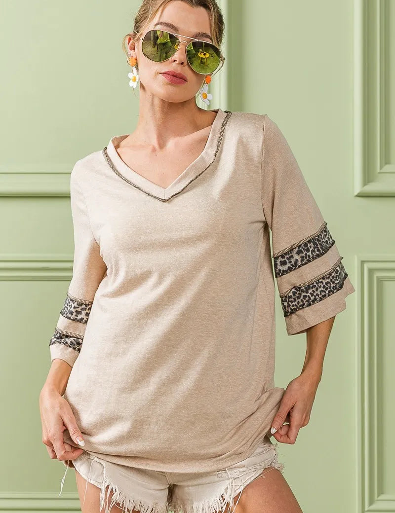BiBi Triblend Knit Top with Leopard Band Detail on Simply Obsessed