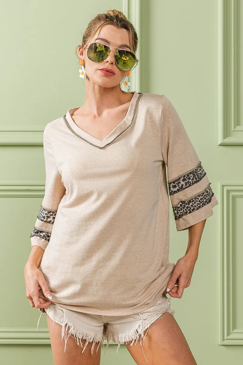 BiBi Triblend Knit Top with Leopard Band Detail on Simply Obsessed