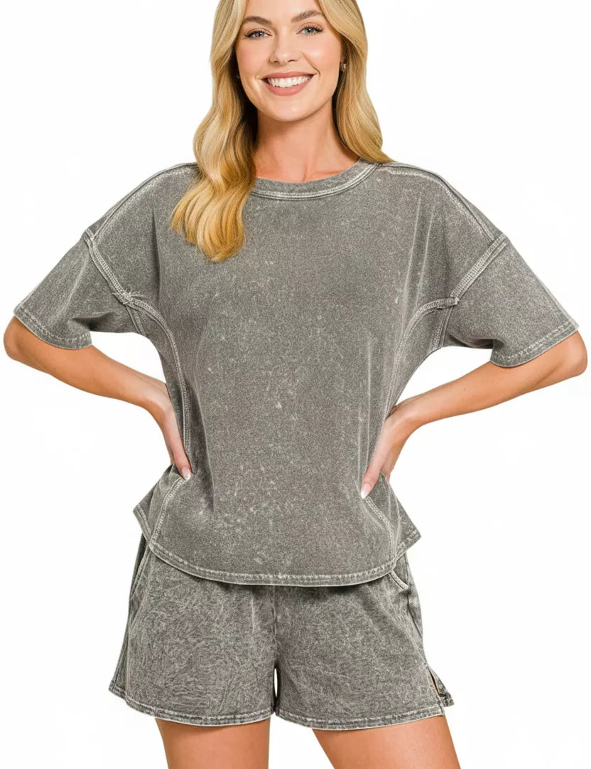 ZENANA Halo Snow Washed Short Sleeve Tee and Shorts Set on Simply Obsessed