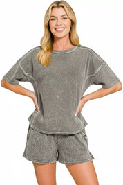 ZENANA Halo Snow Washed Short Sleeve Tee and Shorts Set on Simply Obsessed