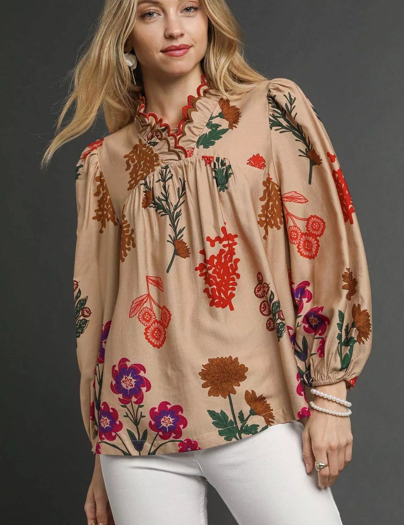 Umgee Flower Print Blouse with Scalloped Neckline on Simply Obsessed
