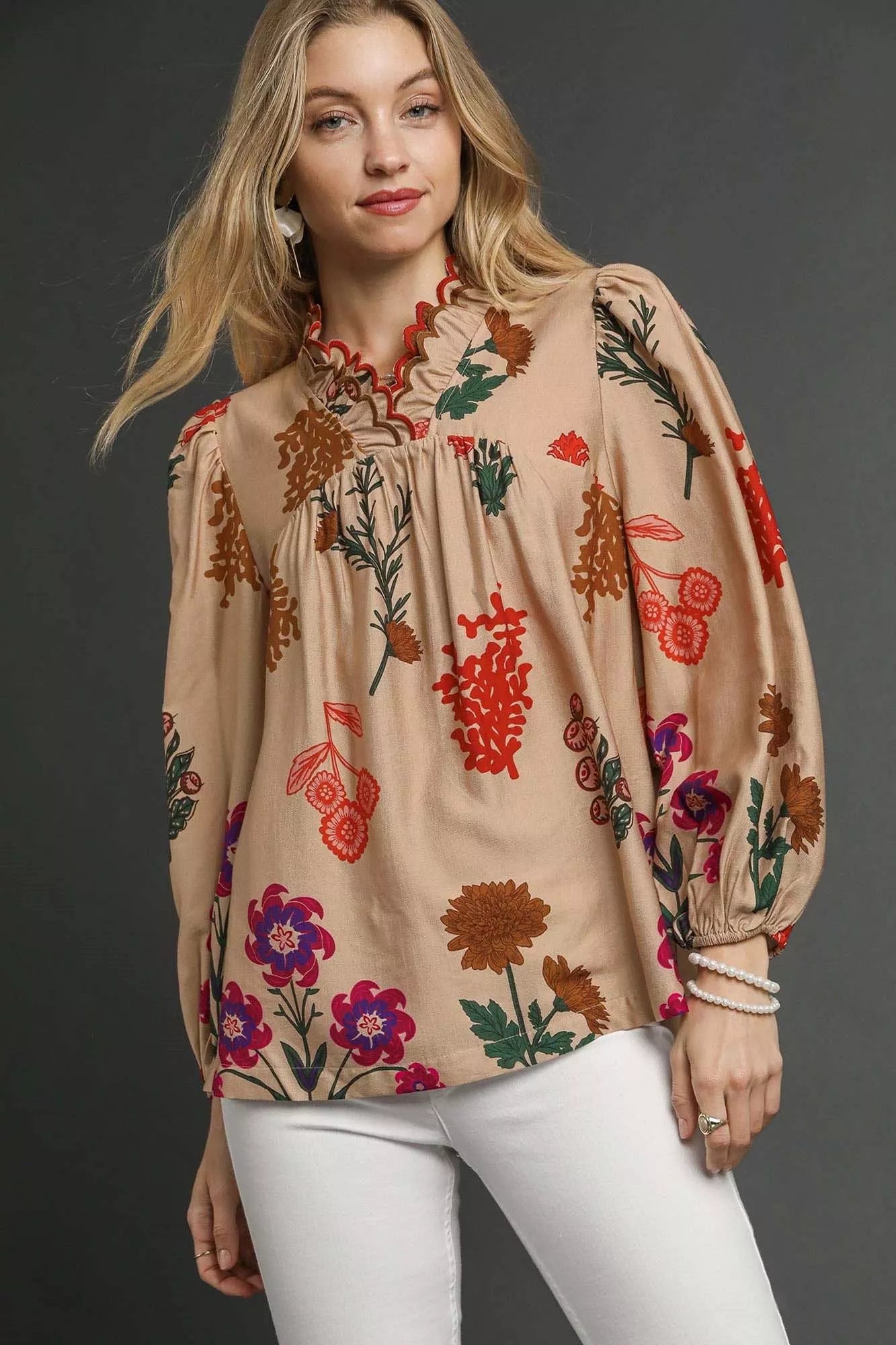 Umgee Flower Print Blouse with Scalloped Neckline on Simply Obsessed