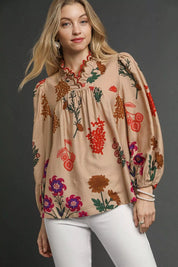 Umgee Flower Print Blouse with Scalloped Neckline on Simply Obsessed