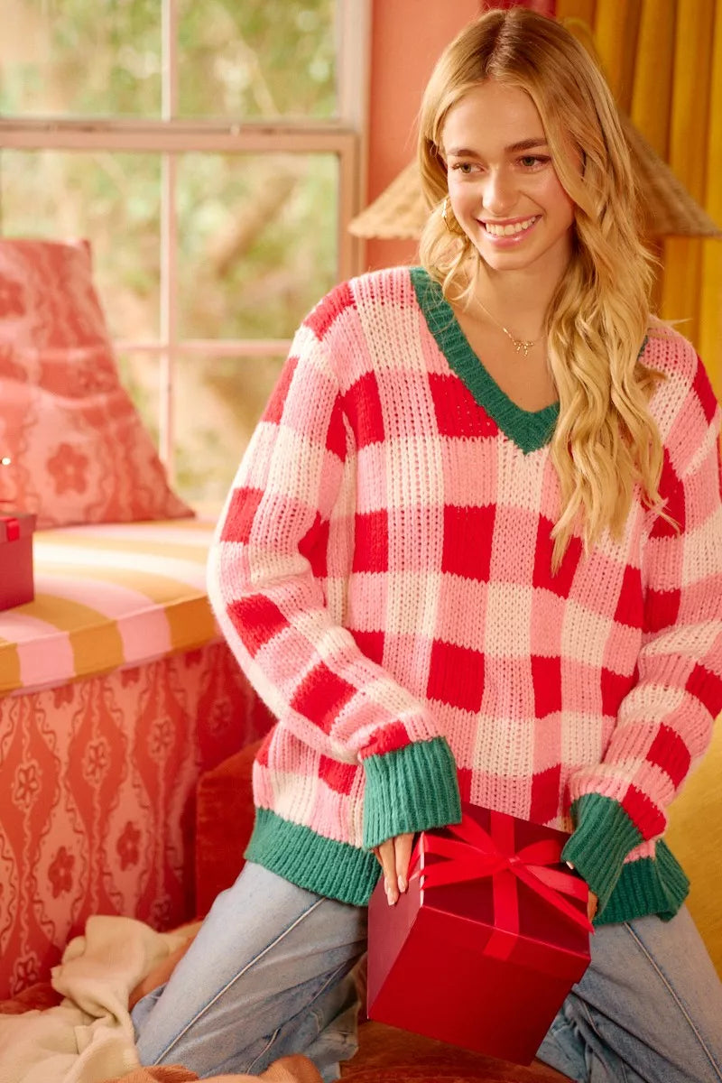 BiBi Christmas Theme Checker Board Sweater on Simply Obsessed