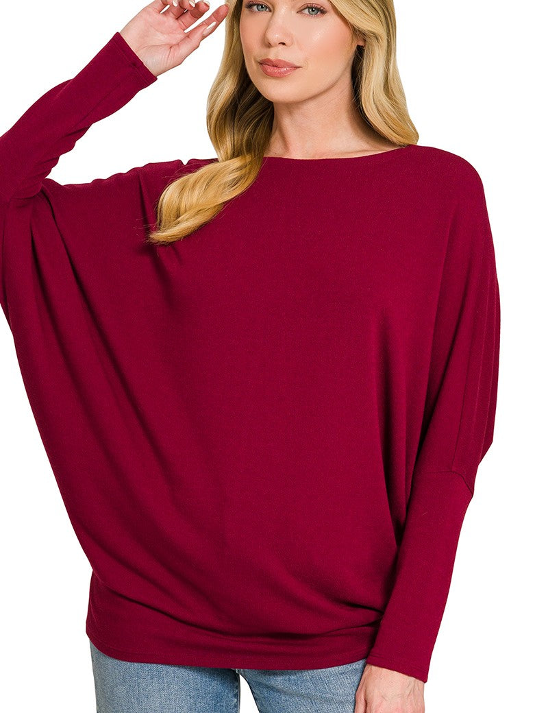 ZENANA Hacci Dolman Sleeve Boat Neck Top on Simply Obsessed