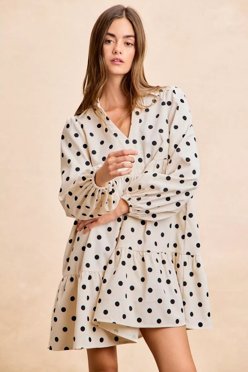 BIBI Polka Dot Corduroy Collared V Neck Dress on Simply Obsessed