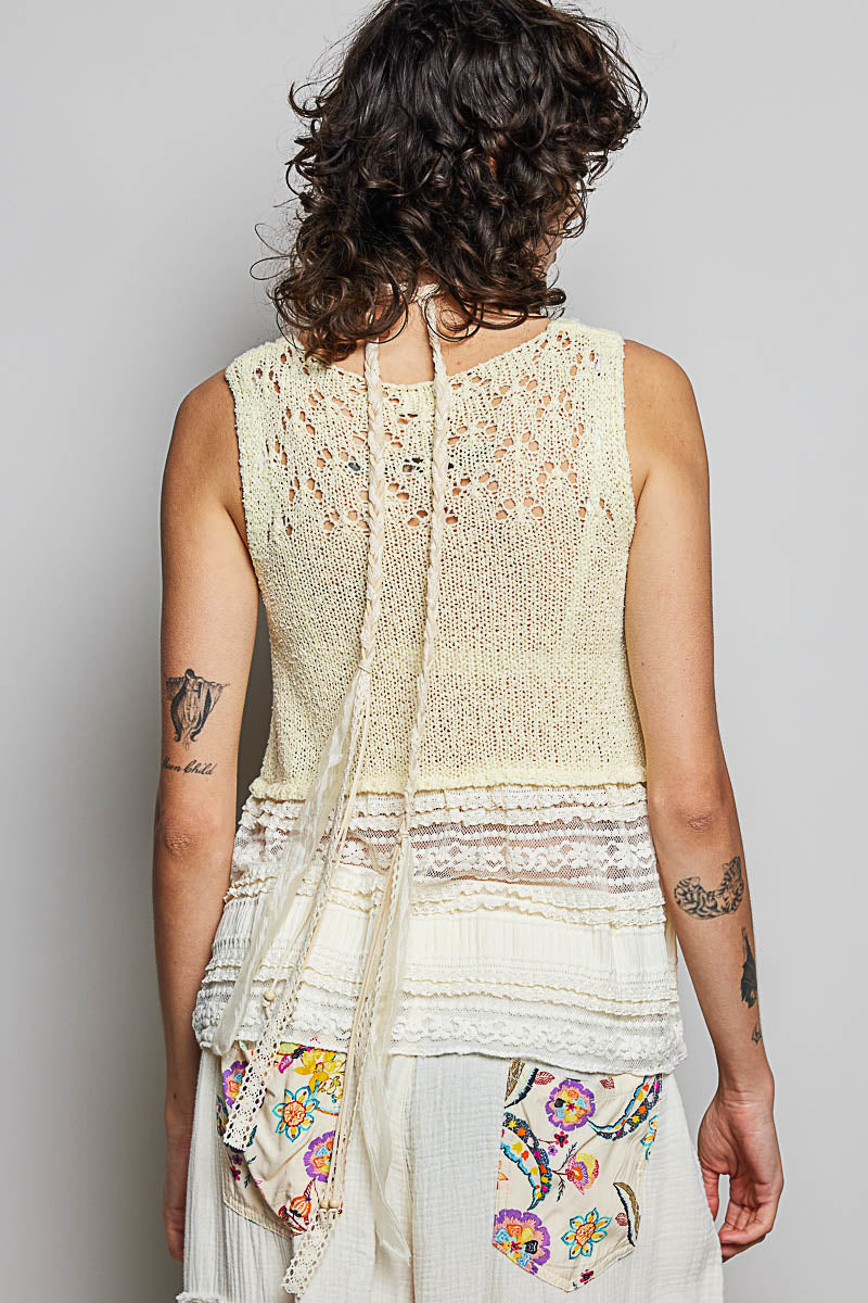 POL V-Neck Crochet Sweater Vest with Lace Trim on Simply Obsessed