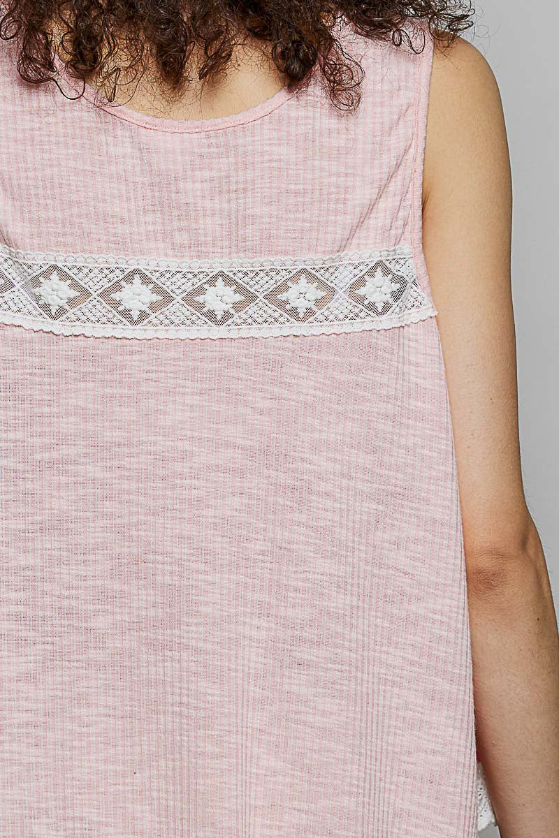 POL Lace Trim Ruffle Hem Button Detail Round Neck Sleeveless Top on Simply Obsessed