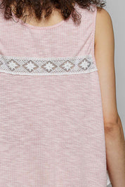 POL Lace Trim Ruffle Hem Button Detail Round Neck Sleeveless Top on Simply Obsessed