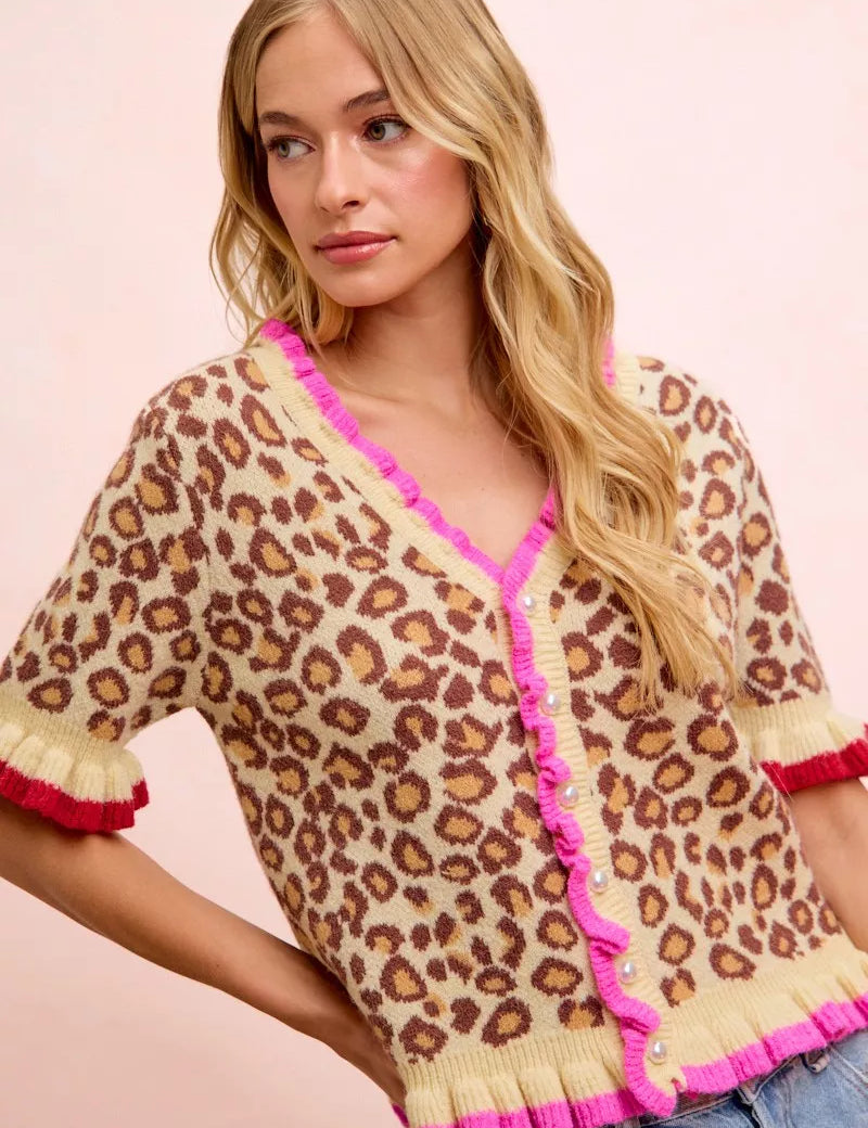 BiBi Leopard Patterned Ruffled Detail Button Cardigan on Simply Obsessed