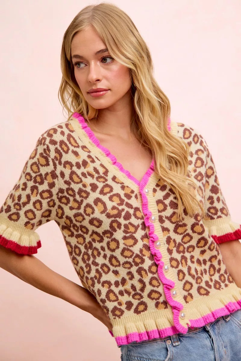 BiBi Leopard Patterned Ruffled Detail Button Cardigan on Simply Obsessed