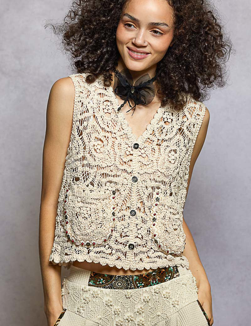 POL Button Down Cropped Crochet Vest with Scalloped Edge on Simply Obsessed
