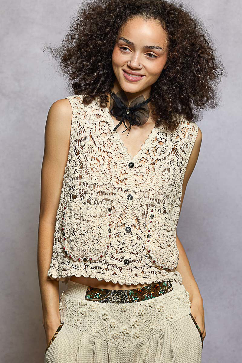 POL Button Down Cropped Crochet Vest with Scalloped Edge on Simply Obsessed