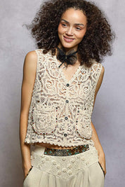 POL Button Down Cropped Crochet Vest with Scalloped Edge on Simply Obsessed