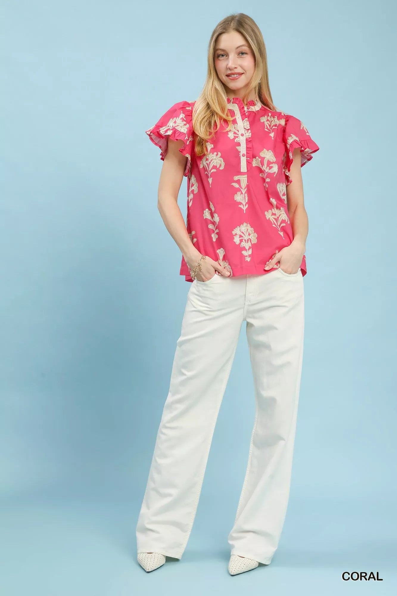 UMGEE Floral Ruffle Sleeve Split-Neck Top on Simply Obsessed