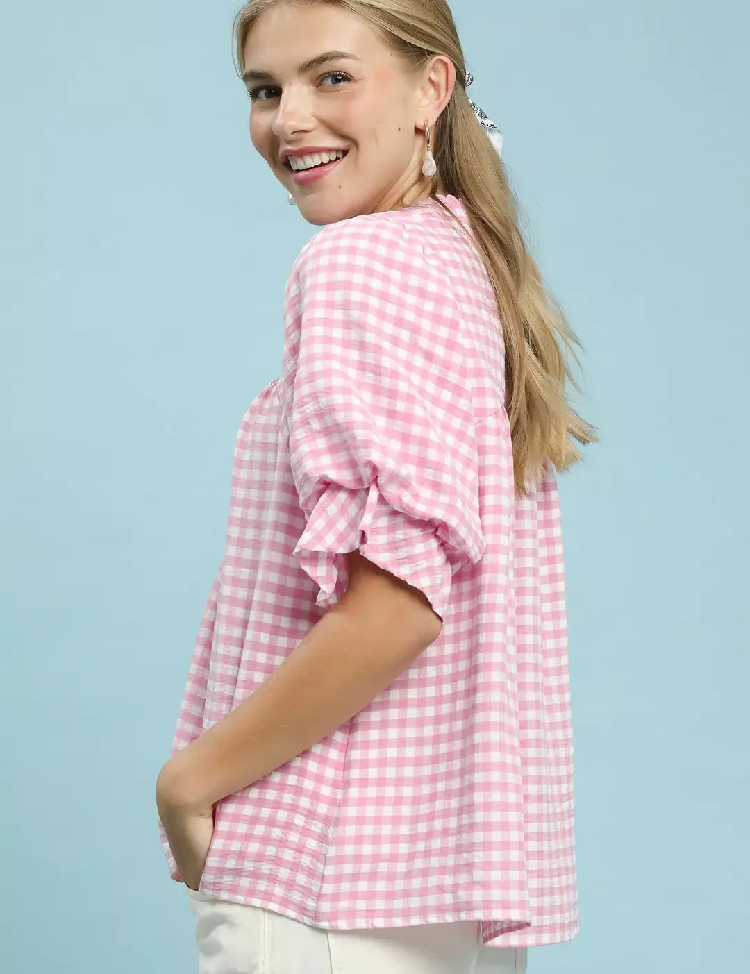 UMGEE Gingham Check Blouse with Ruffle Sleeves on Simply Obsessed