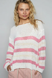 POL Striped Openwork Round Neck Knit Top on Simply Obsessed
