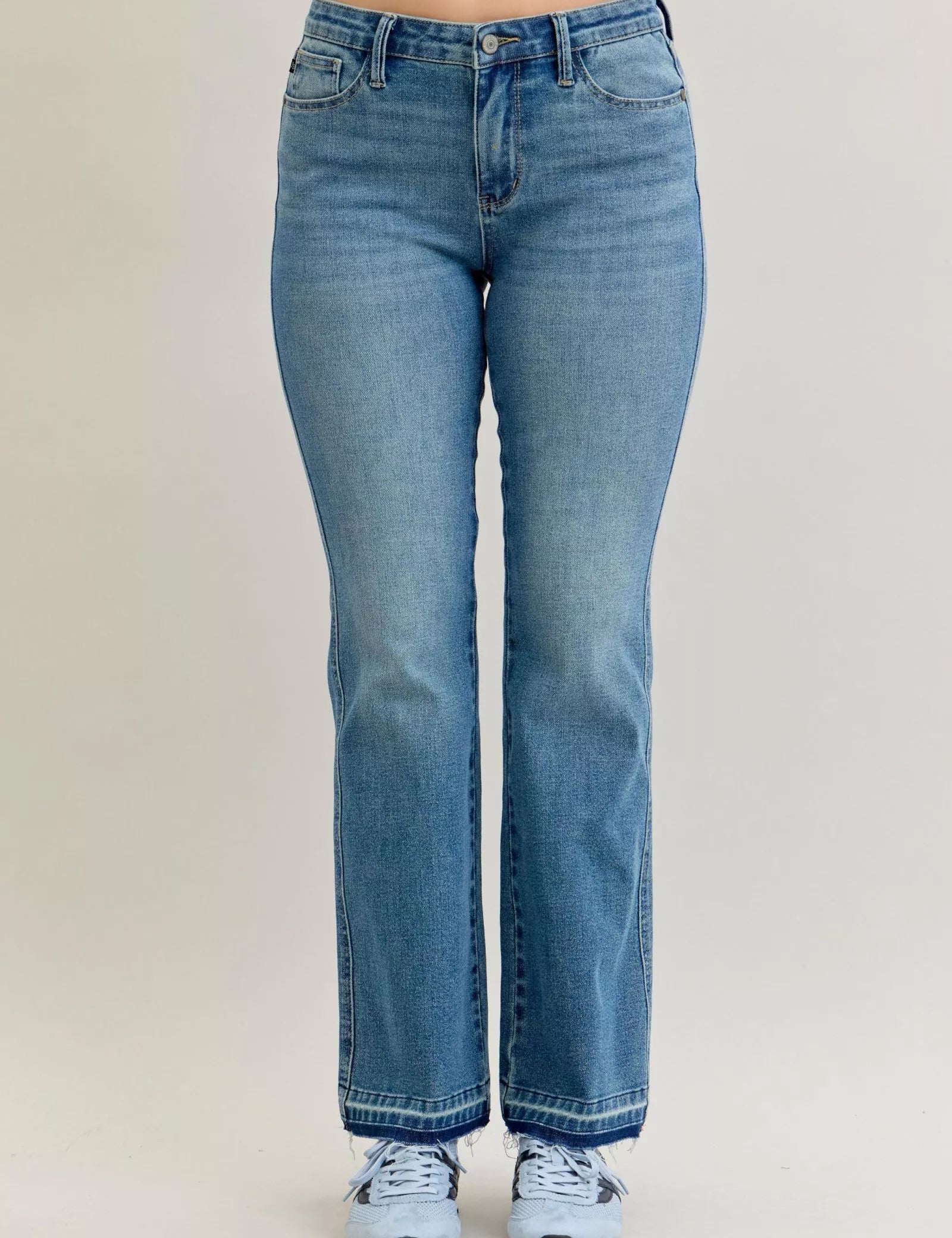 Judy Blue Full Size Mid Rise Slim Bootcut Tummy Control Release Hem Jeans Plus Size on Simply Obsessed