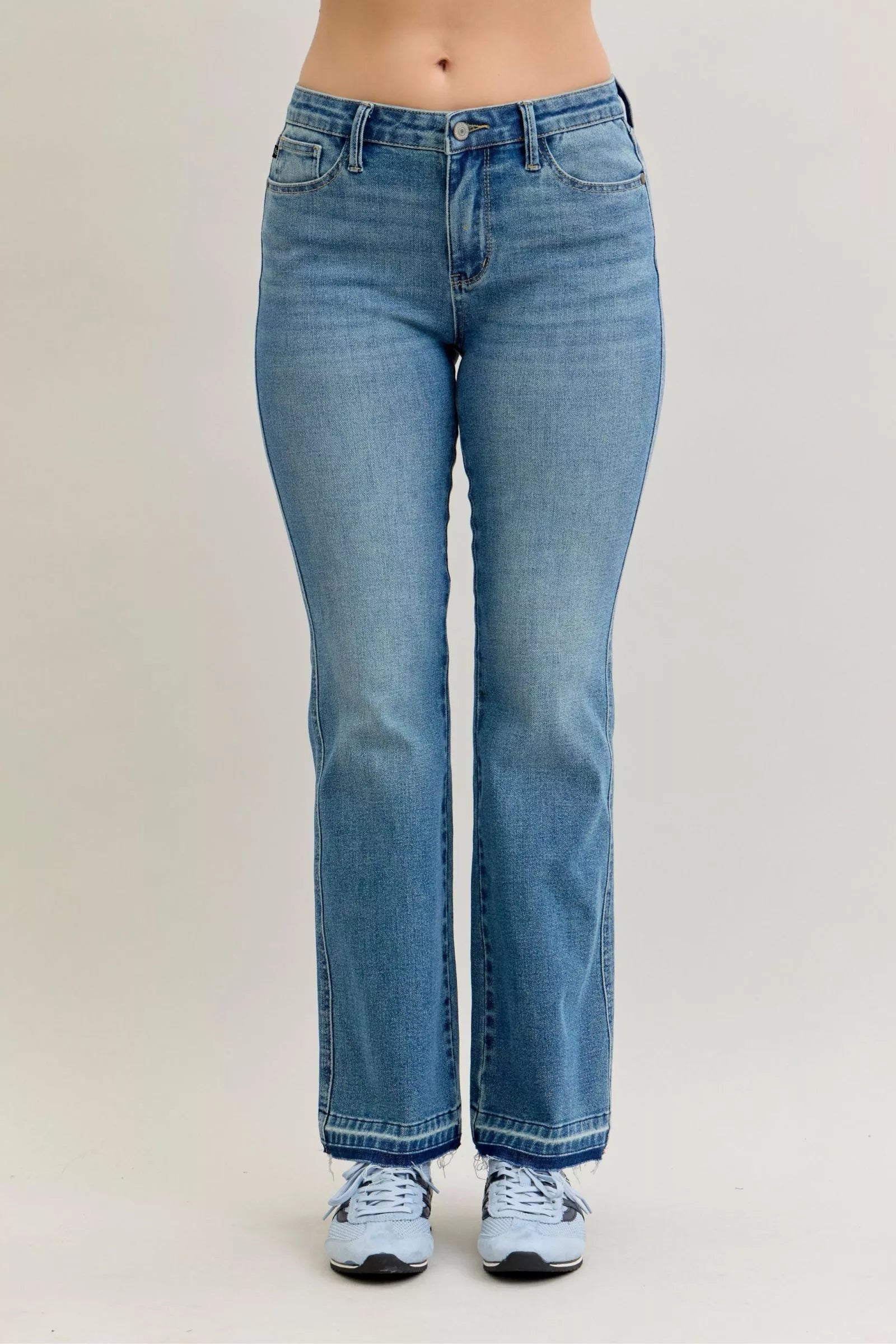 Judy Blue Full Size Mid Rise Slim Bootcut Tummy Control Release Hem Jeans Plus Size on Simply Obsessed