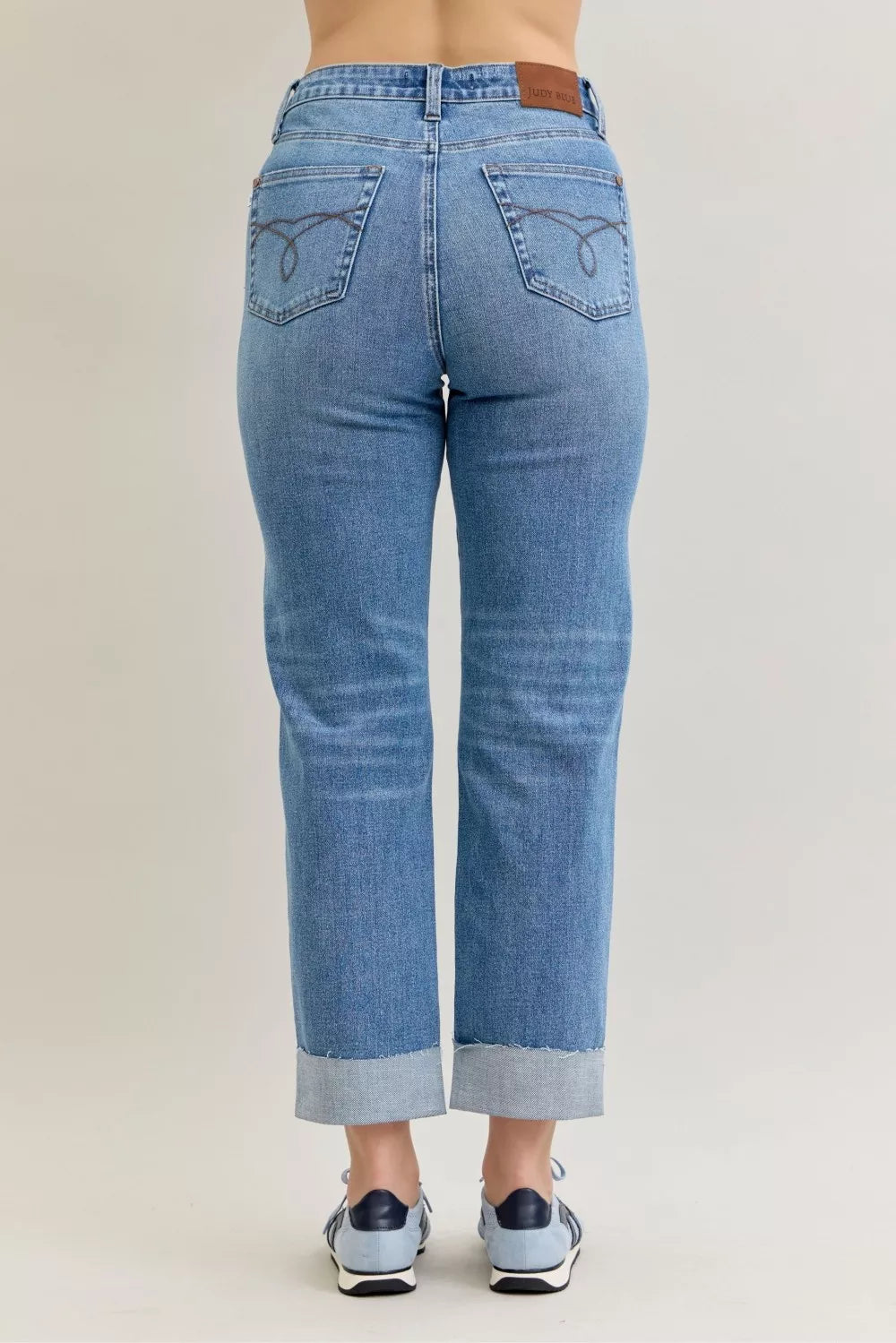 Judy Blue High Waist Bf Criss-cross Mild Destroy Jeans with Single Cuff on Simply Obsessed