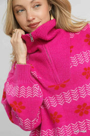 Umgee Floral Patterned Jacquard Quarter-Zip Pullover Sweater on Simply Obsessed