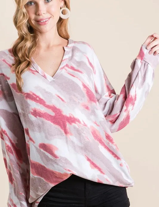 BIBI Tie Dye French Terry Top with Balloon Sleeves ****DOORBUSTER*** on Simply Obsessed