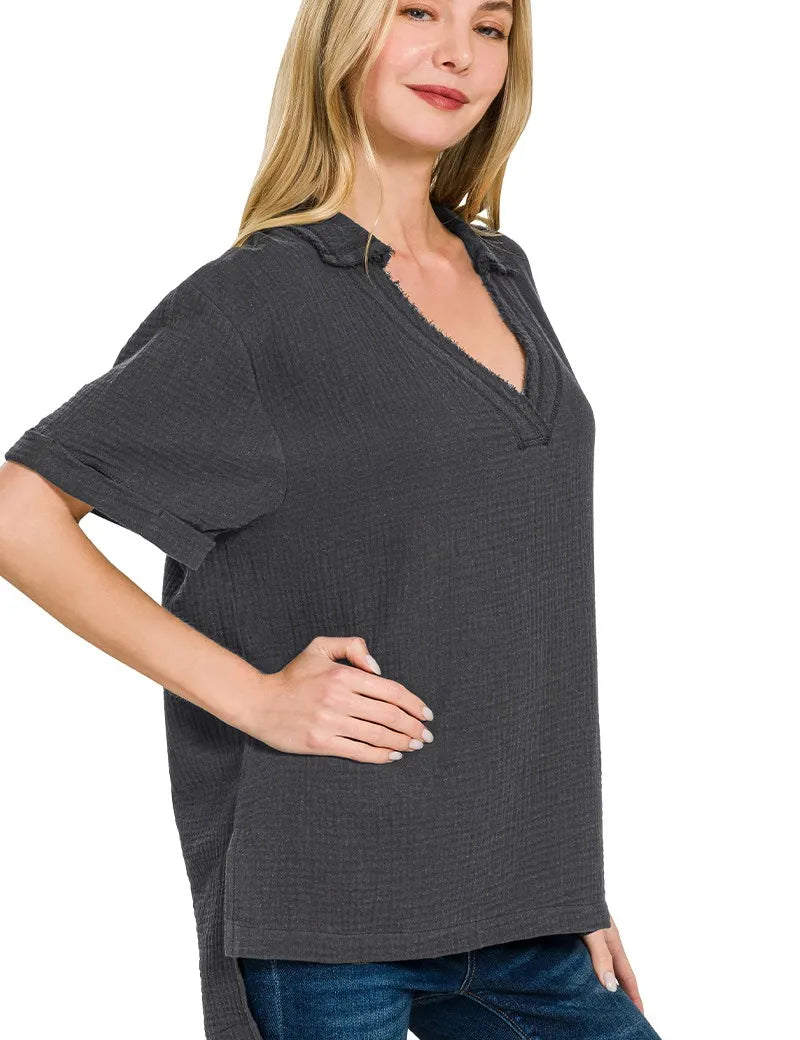 ZENANA Double Gauze Short Sleeve High-Low Top on Simply Obsessed