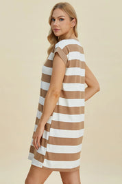 BASIC BAE Full Size Striped Round Neck Cap Sleeve Mini Dress on Simply Obsessed
