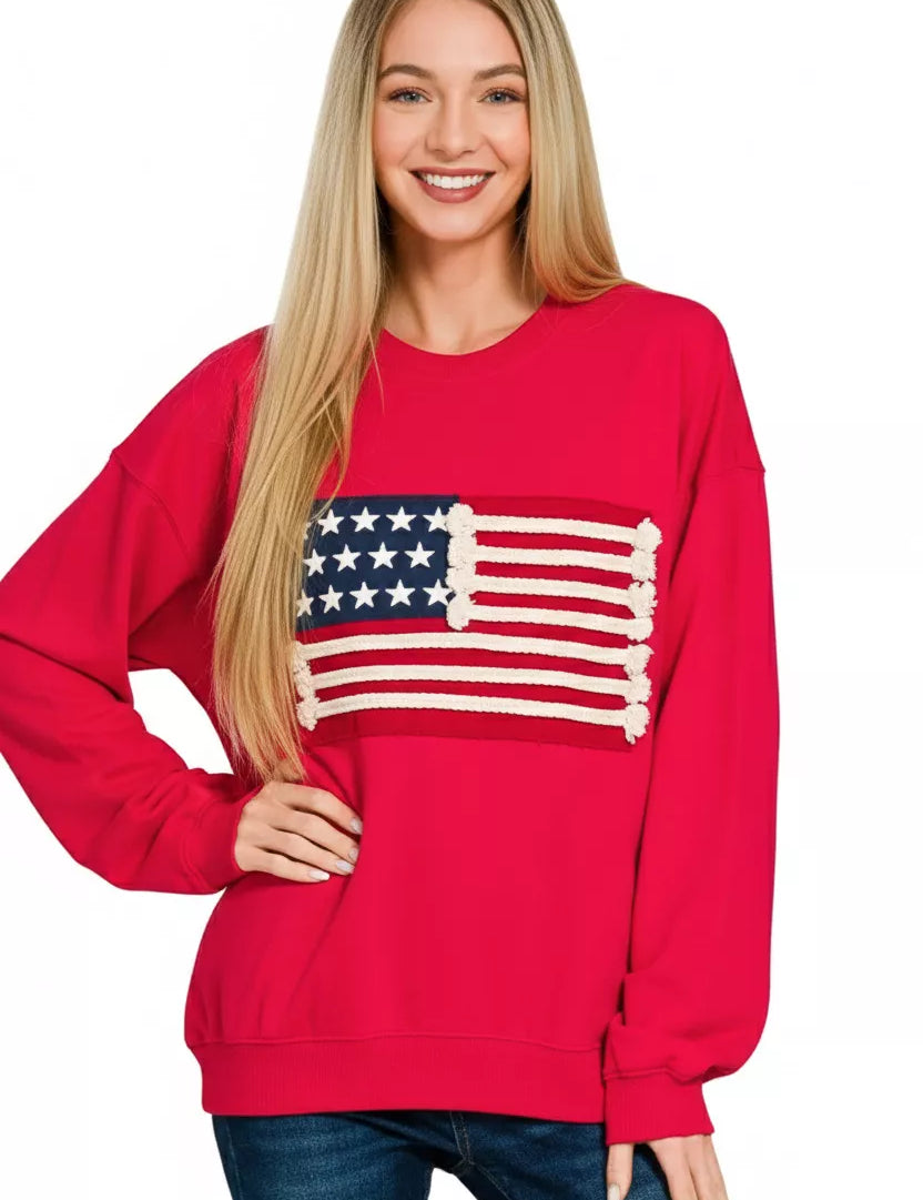 ZENANA French Terry American Flag Pullover on Simply Obsessed