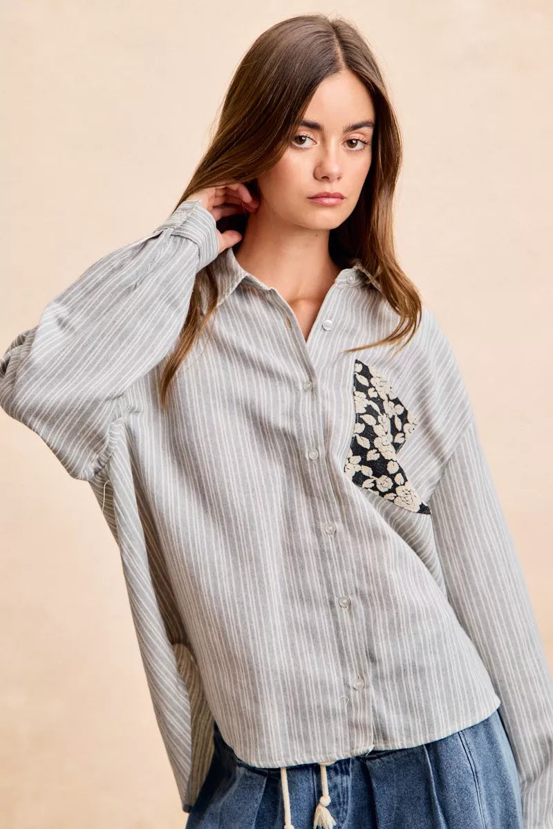 BiBi Flower Jacquard Knit Patch Pocket Stripe Shirt on Simply Obsessed