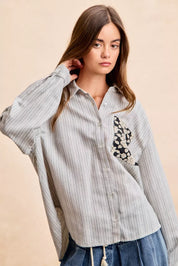 BiBi Flower Jacquard Knit Patch Pocket Stripe Shirt on Simply Obsessed