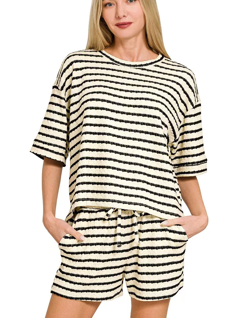 ZENANA Striped Short Sleeve Tee & Shorts Set on Simply Obsessed