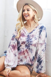 BIBI Tie-Dye V-Neck Long Sleeve Waffle Top on Simply Obsessed
