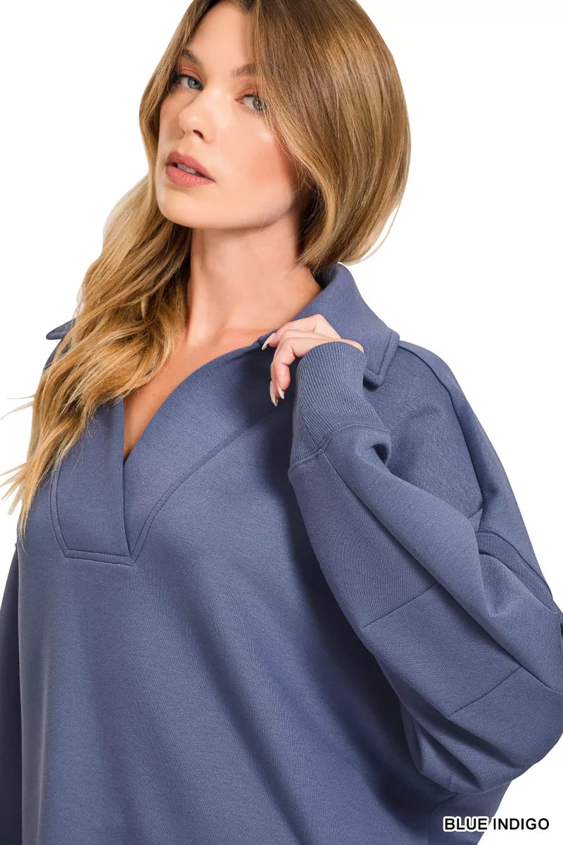ZENANA Scuba Collared Pullover & Center Seam Pants Set on Simply Obsessed