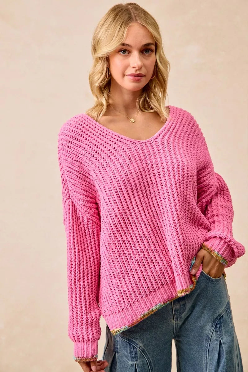 BiBi V-Neck Sweater with Colorful Trim on Simply Obsessed