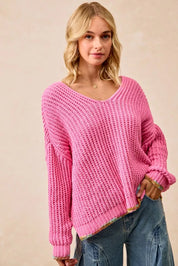 BiBi V-Neck Sweater with Colorful Trim on Simply Obsessed