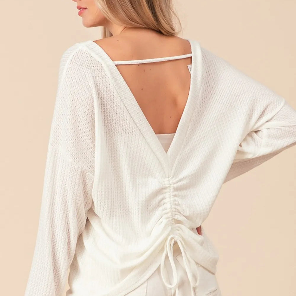 BIBI Waffled Backless Drawstring Top on Simply Obsessed