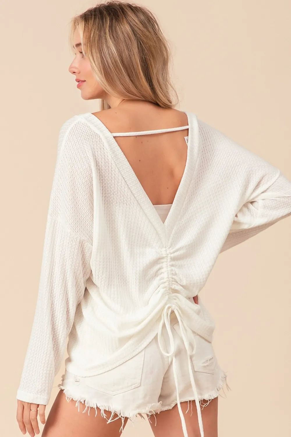 BiBi Waffled Backless Drawstring T-Shirt on Simply Obsessed