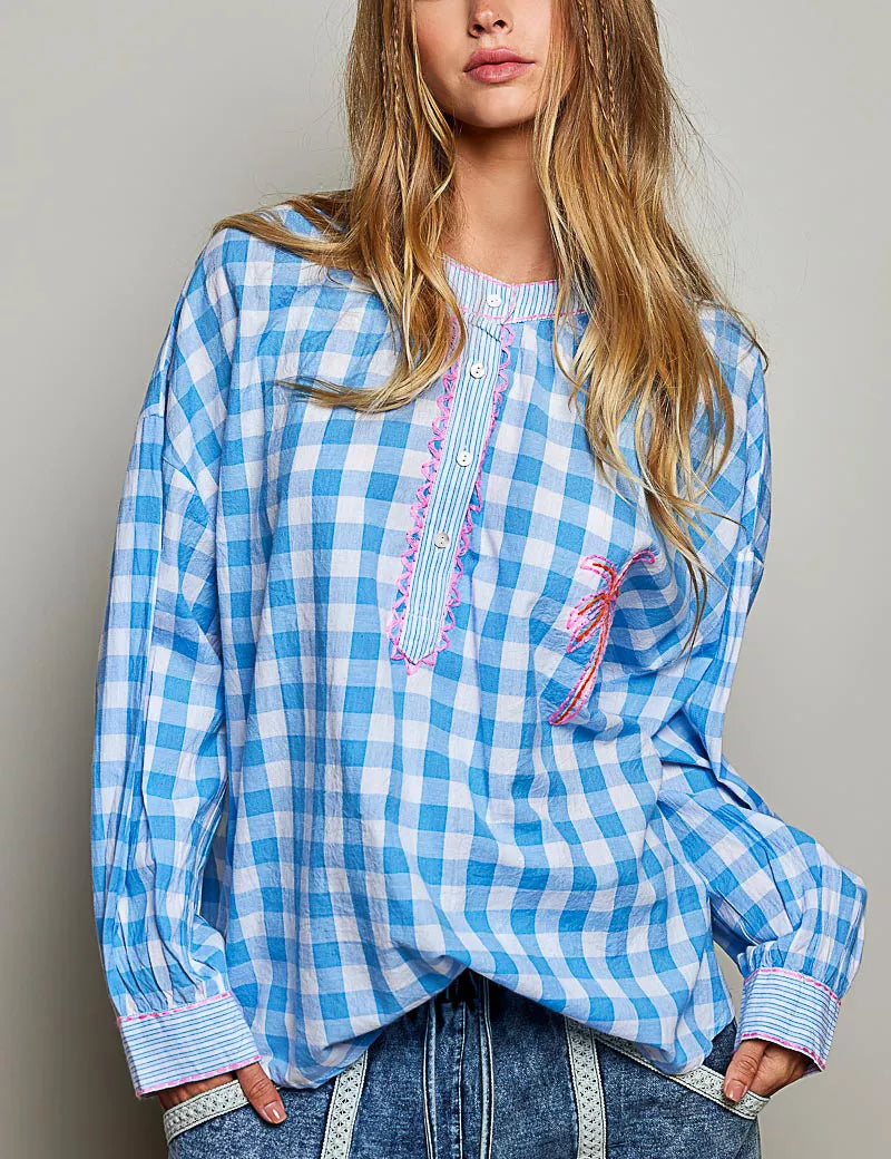 POL Gingham Embroidered Palm Tree Blouse on Simply Obsessed