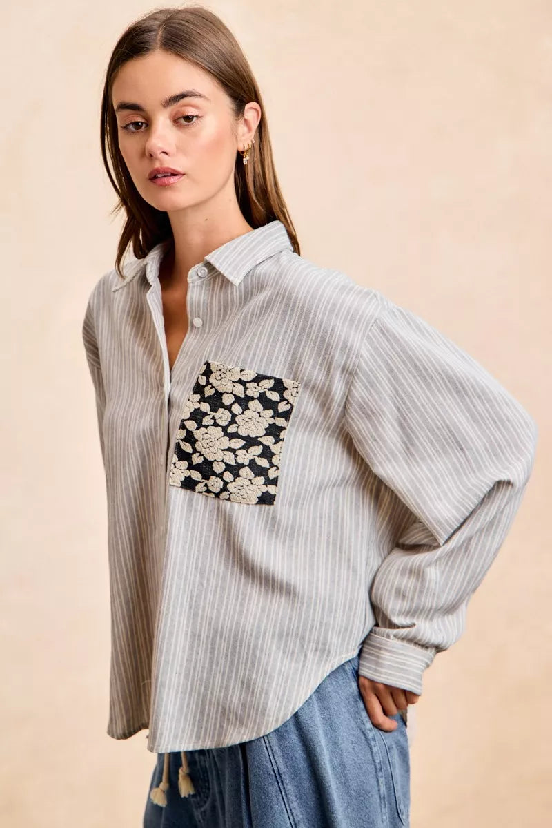 BiBi Flower Jacquard Knit Patch Pocket Stripe Shirt on Simply Obsessed