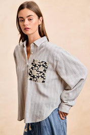 BiBi Flower Jacquard Knit Patch Pocket Stripe Shirt on Simply Obsessed