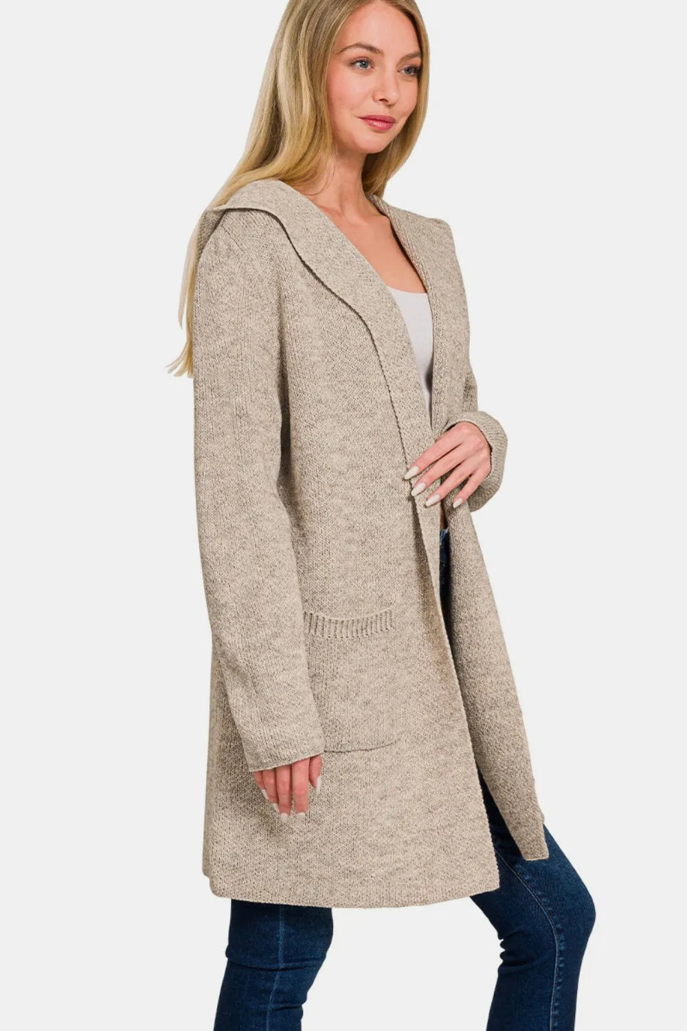 ZENANA Hooded Open Front Sweater Cardigan on Simply Obsessed
