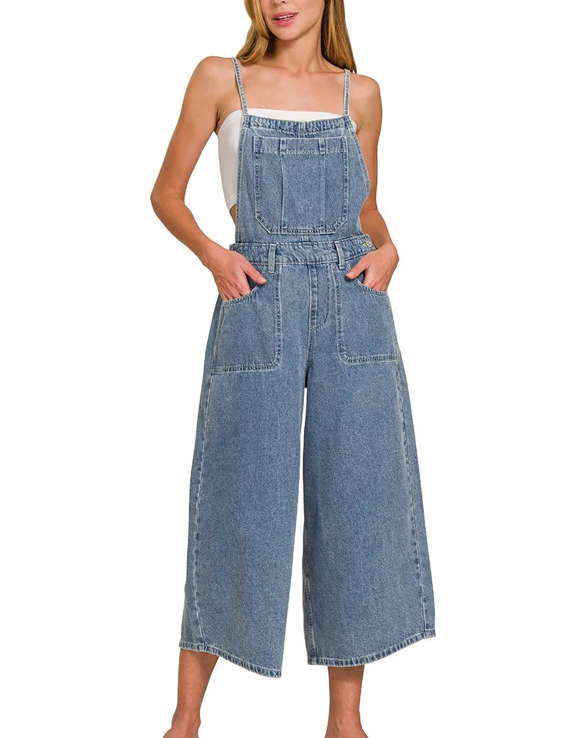 ZENANA Denim Medium Washed Wide Leg Overalls on Simply Obsessed