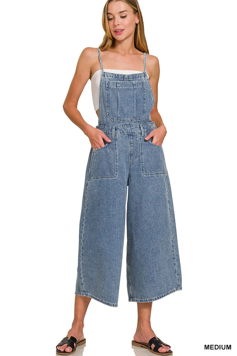 ZENANA Denim Medium Washed Wide Leg Overalls on Simply Obsessed