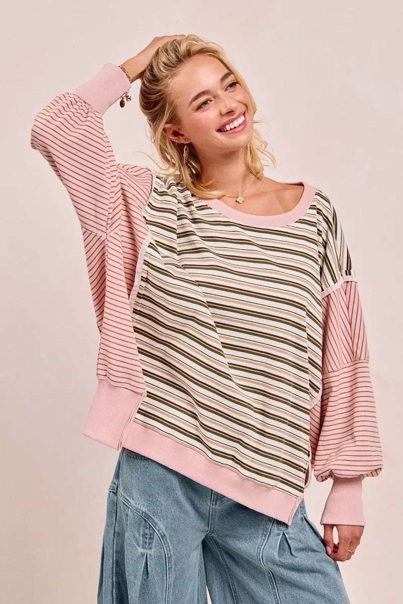 BIBI Stripe Mixed Top With Cut Edge And Reverse Outseam on Simply Obsessed