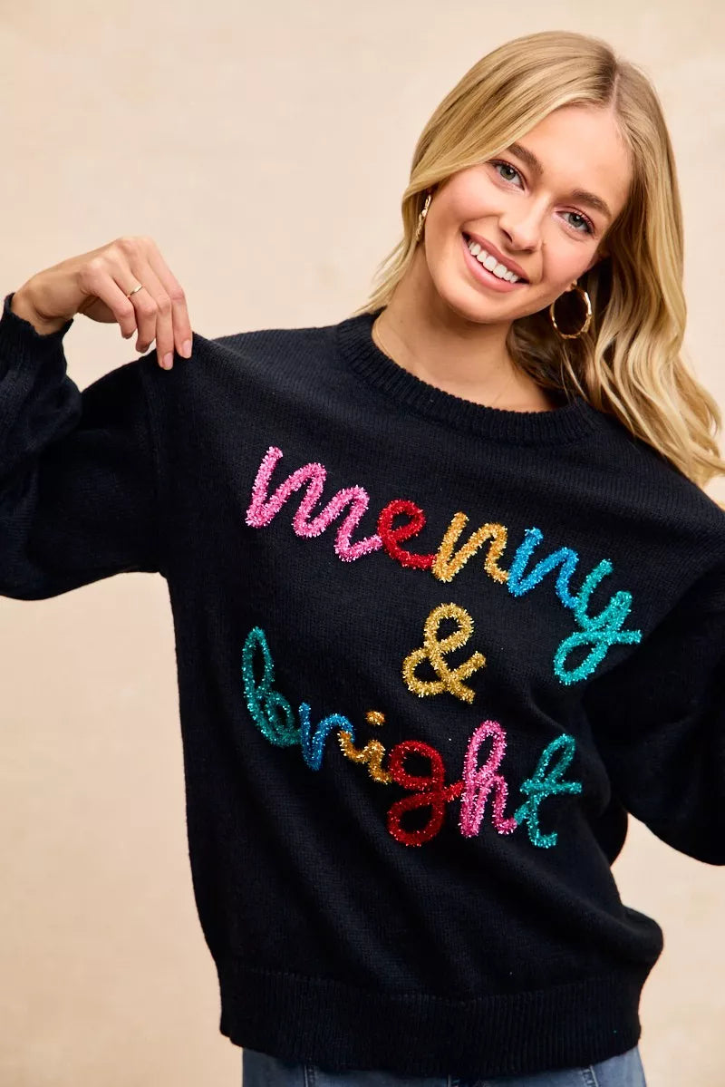 BIBI Tinsel Lettering Christmas Sweater on Simply Obsessed
