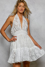 POL Halter Lace Patch Ruffle Mini Dress with Adjustable Tie on Back **SALE** on Simply Obsessed